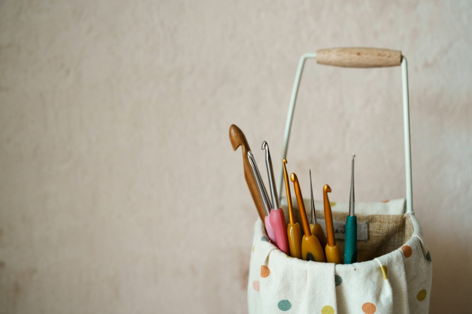 Photo of crochet hooks in a small basket